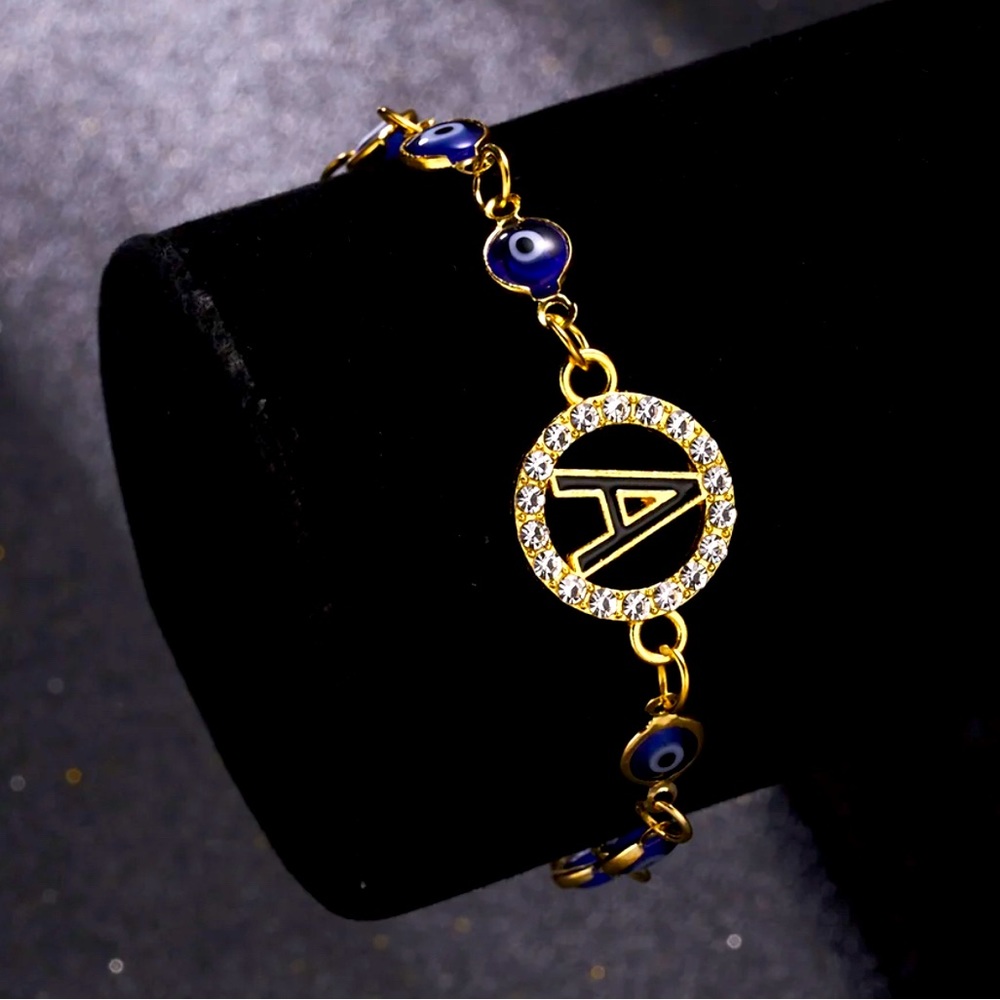 New, Turkish Lucky Evil Eye 🧿 Bracelet Gold Bangle Rhinestone Letter A - R - Picture 3 of 4